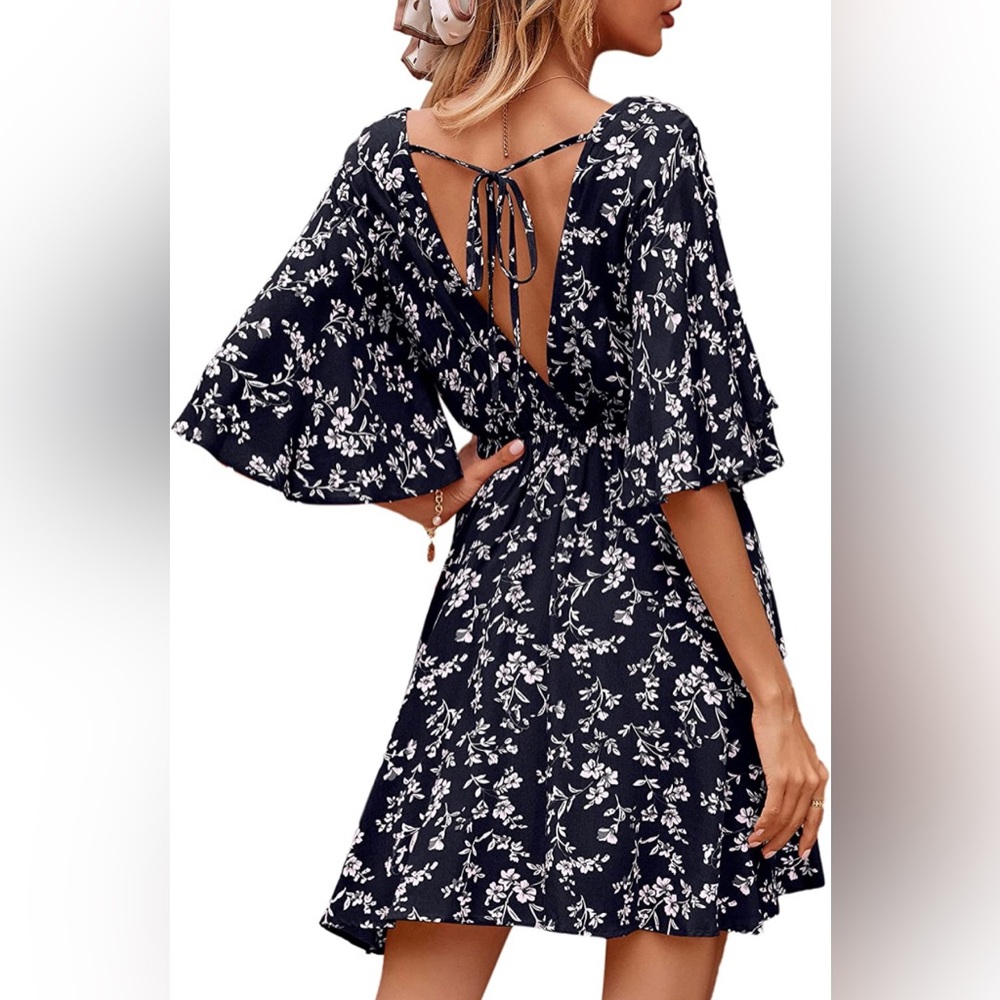 Floral Plunge Neck, A-line Navy Dress